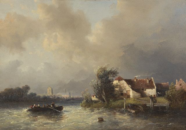 Verveer S.L.  | Veer op een woelige rivier, de Grote kerk van Dordrecht in de verte, olieverf op paneel 20,8 x 29,6 cm, gesigneerd r.o. en gedateerd '51