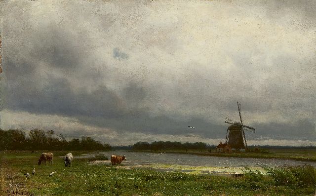 Julius Jacobus van de Sande Bakhuyzen | Poldervaart met vee en molen, olieverf op doek, 36,7 x 57,4 cm, gesigneerd l.o. en gedateerd 187[0?]