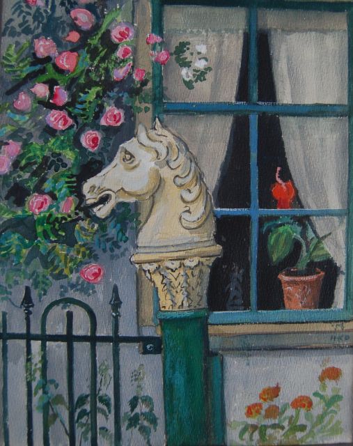 Kamerlingh Onnes H.H.  | Boerderij met paard uit schaakspel op een zuil, aquarel op papier 29,0 x 23,0 cm, gesigneerd r.o. en gedateerd 1958
