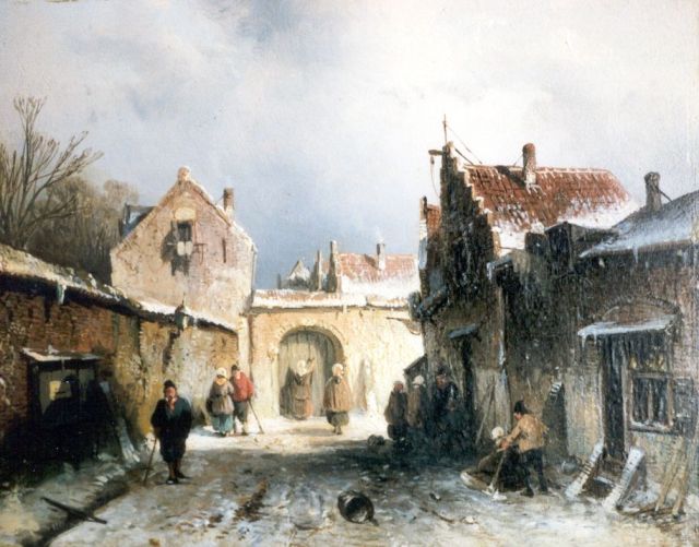Charles Leickert | Dorpsstraatje in de winter, olieverf op paneel, 15,0 x 19,0 cm, gesigneerd l.o.
