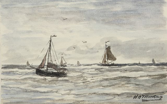 Mesdag H.W.  | Vissersschepen in de branding, Scheveningen, aquarel op papier 13,2 x 21,0 cm, gesigneerd r.o.
