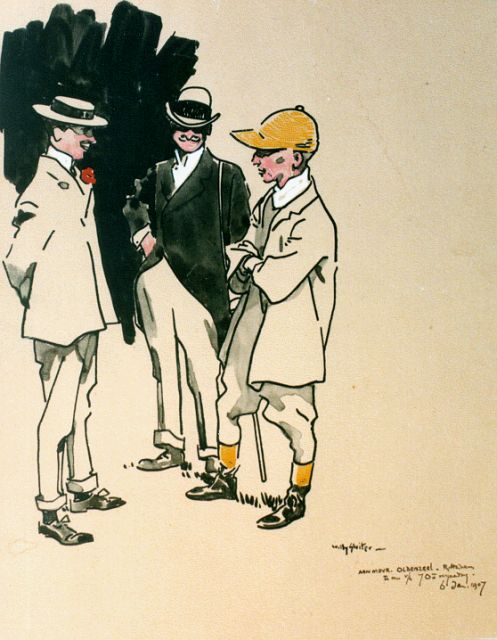Sluiter J.W.  | In gesprek met de jockey, Oost-Indische inkt op papier 26,5 x 20,8 cm, gesigneerd r.o. en gedateerd 6 jan. 1907