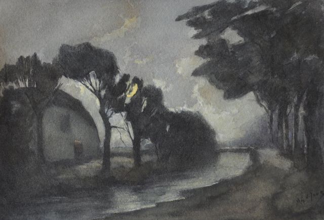 Jong A.G. de | Huis aan een vaart bij maanlicht, aquarel op papier 12,0 x 17,6 cm, gesigneerd r.o.