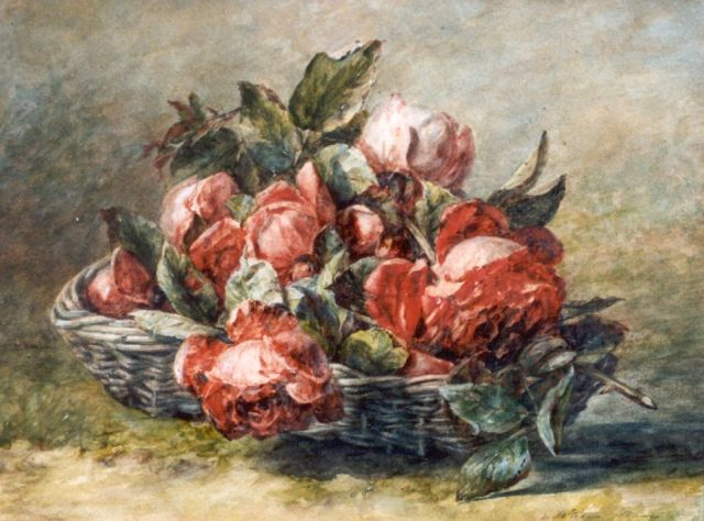 Haanen A.J.  | Mandje met rode rozen, aquarel op papier 29,0 x 38,0 cm, gesigneerd r.o. en gedateerd 1893