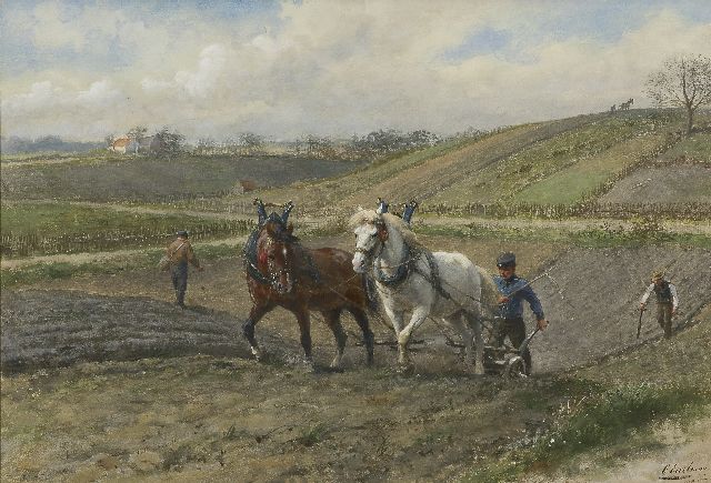 Eerelman O.  | Tweespan voor de ploeg, bij Arnhem (Park Sonsbeek nabij Schelmseweg), aquarel op papier 47,6 x 69,6 cm, gesigneerd r.o. en te dateren ca. 1902-1907