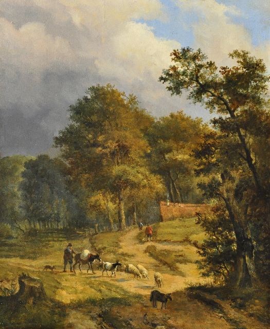 Louis Pierre Verwee | Herder met vee op een bospad, olieverf op paneel, 33,9 x 27,7 cm