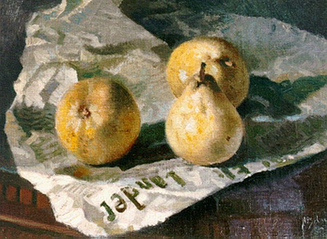 Schotel A.P.  | Stilleven van drie peren op een Gooi- en Eemlanderkrant, olieverf op doek op paneel 31,4 x 40,3 cm, gesigneerd r.o.