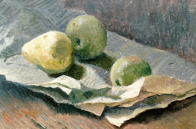A.P. Schotel | Stilleven met twee appels en peer op een krant, olieverf op doek op paneel, 23,4 x 32,8 cm, gesigneerd l.o.
