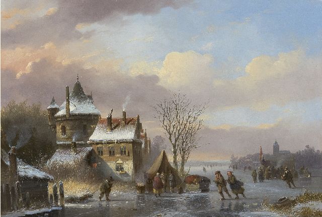 Stok J. van der | Bevroren vaart met schaatsers en koek-en-zopietenten, olieverf op paneel 30,7 x 43,8 cm, gesigneerd l.o.