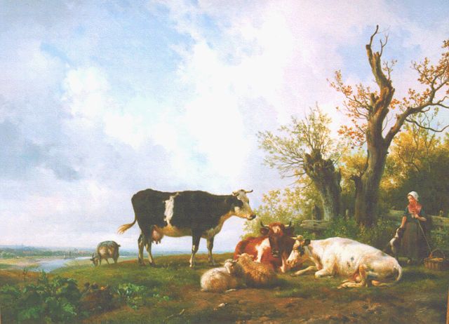 Hendrikus van de Sande Bakhuyzen | Herderin met haar vee, olieverf op paneel, 47,6 x 63,2 cm, gesigneerd r.o. en gedateerd 1836