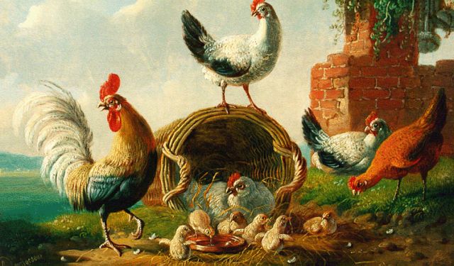 Verhoesen A.  | Kip en kuikens in landschap, olieverf op paneel 17,8 x 25,2 cm, gesigneerd l.o. en gedateerd 1873