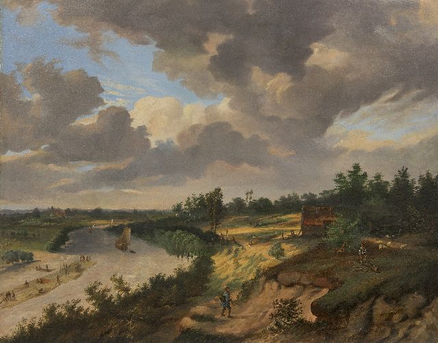 Braak L.R. van den | Houtvlot met bemanning en vlothut op de Rijn, olieverf op doek 63,0 x 80,0 cm, gesigneerd r.o. en gedateerd 1857