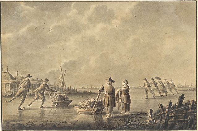 Schelfhout A.  | Bevroren vaart met schaatsers en duwsleden, pen, penseel en inkt op papier 13,8 x 20,9 cm, gesigneerd l.o. en ca. 1805-1810