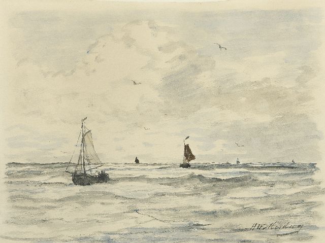 Hendrik Willem Mesdag | Vissersschepen op zee, aquarel op papier, 23,7 x 31,0 cm, gesigneerd r.o.