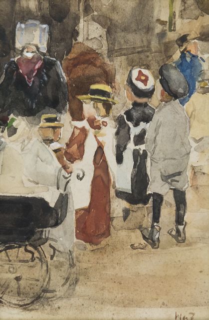 Zwart W.H.P.J. de | Juf met kinderen en kinderwagen, aquarel op papier 19,1 x 12,8 cm, gesigneerd r.o. met initialen en te dateren 1931
