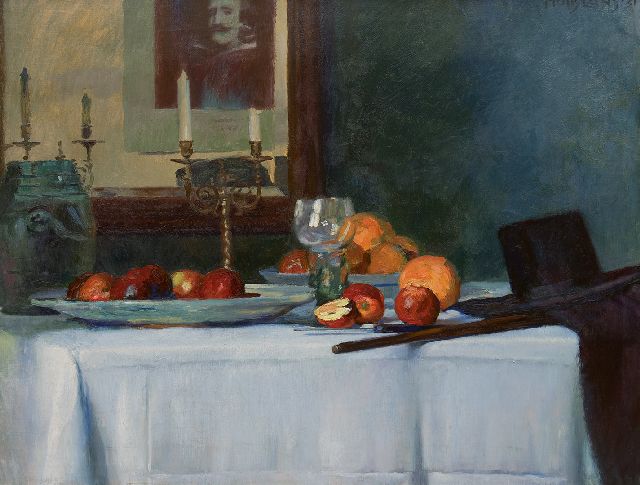 Huib Luns | Stilleven met een roemer, fruit en kandelaars, olieverf op doek, 79,1 x 97,9 cm, gesigneerd r.b. en gedateerd '31