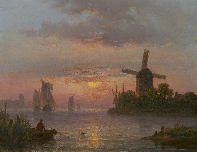 Kleijn L.J.  | Hollands riviergezicht bij zonsondergang, olieverf op paneel 21,2 x 27,4 cm