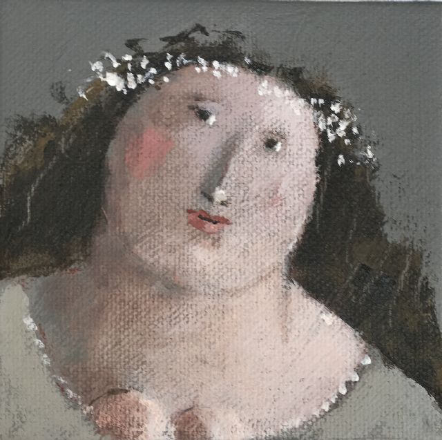 Evert van Hemert | Maria met gipskruidkrans, acryl op doek, 10,1 x 10,1 cm, gesigneerd onderkant doekomslag