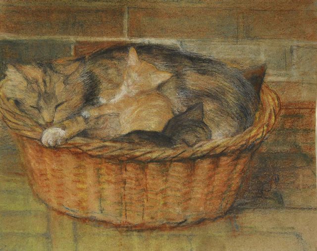 Dyserinck A.G.  | Moederkat met kittens in een mand, pastel op papier 31,9 x 40,0 cm, gesigneerd r.o. met initialen
