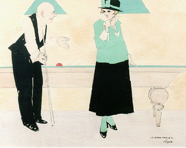 Mens I.M.C. van | Een uitnodiging bij het biljart, aquarel op papier 25,0 x 32,5 cm, gesigneerd r.o. en gedateerd 1918