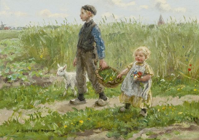Zoetelief Tromp J.  | Kinderen lopend langs het korenveld bij Blaricum, olieverf op paneel 24,3 x 33,8 cm, gesigneerd l.o.