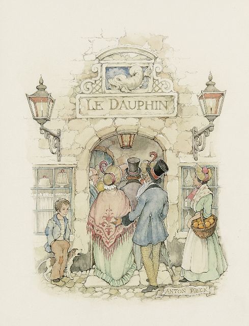 Pieck A.F.  | Deftig gezelschap bij het betreden van 'Le Dauphin', potlood en aquarel op papier 29,7 x 23,0 cm, gesigneerd r.o.