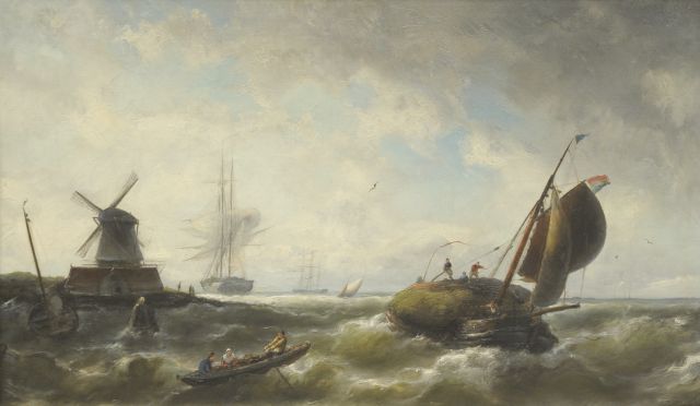 Nicolaas Riegen | Havenmonding met zeilschepen in een stevige bries, olieverf op doek, 43,9 x 74,2 cm, gesigneerd l.o.