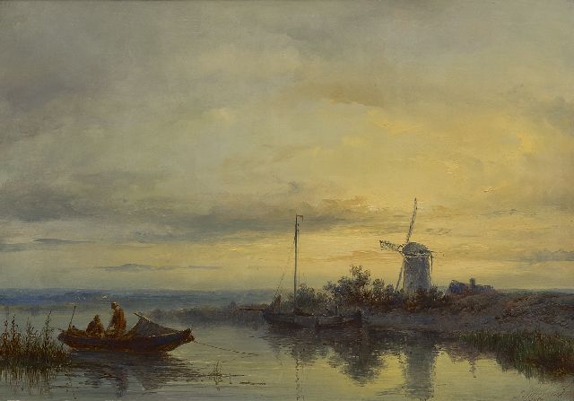 Hilverdink J.  | Rivierlandschap met afgemeerde roeiboot en vissers, olieverf op paneel 31,1 x 44,5 cm, gesigneerd r.o. en gedateerd 1869