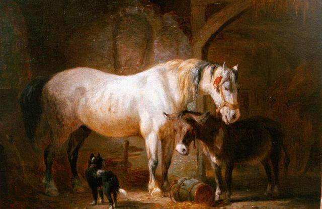 Os P.F. van | Stalinterieur met paard en ezel, olieverf op paneel 15,5 x 22,3 cm, gesigneerd l.o.