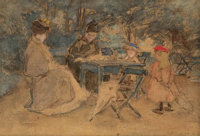 Akkeringa J.E.H.  | Een theemiddagje, krijt en aquarel op papier 16,3 x 23,5 cm, gesigneerd r.o. en gedateerd Aug 1890
