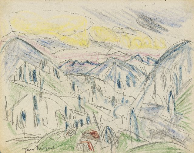 Wiegers J.  | Berglandschap Davos; verso: Portret van een jongen, potlood en waskrijt op papier 17,5 x 21,5 cm, gesigneerd l.o. en te dateren ca. 1920