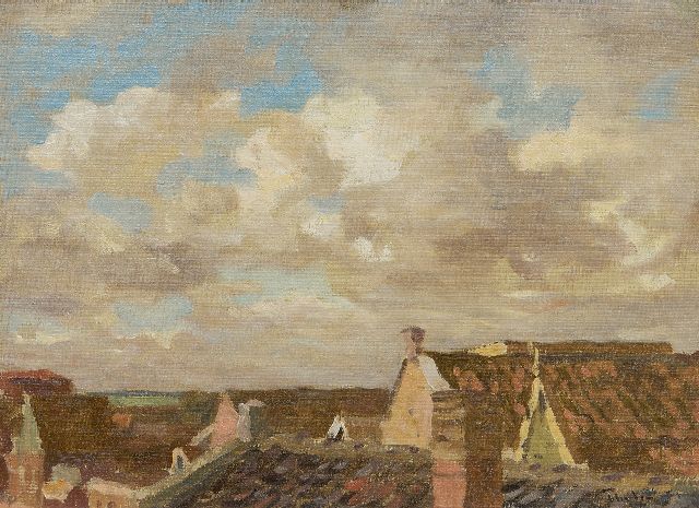 Willem Bastiaan Tholen | Uitzicht over daken, olieverf op doek op paneel, 23,0 x 31,7 cm, gesigneerd r.o.