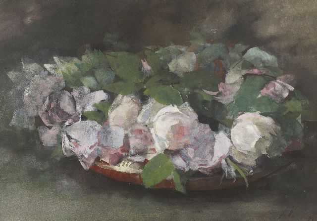 Voerman sr. J.  | 'La France'- rozen in aardewerken schaal, aquarel op papier 30,0 x 44,0 cm, gesigneerd r.o. met initialen en gedateerd '89