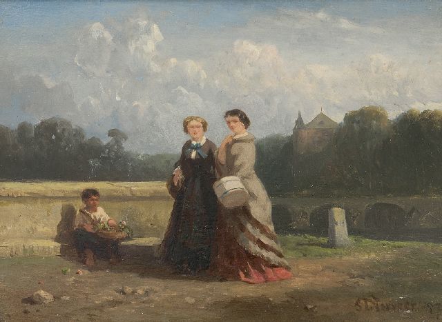 Verveer S.L.  | Twee vrouwen en een bloemenverkopertje in een landschap, olieverf op paneel 15,1 x 20,2 cm, gesigneerd r.o. en gedateerd '57