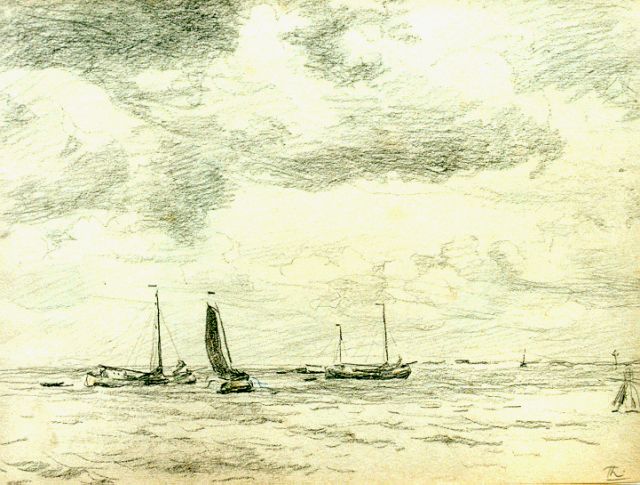 Willem Bastiaan Tholen | Zeilschepen op de Zuiderzee, potlood op papier, 22,5 x 30,0 cm, gesigneerd r.o. initialen