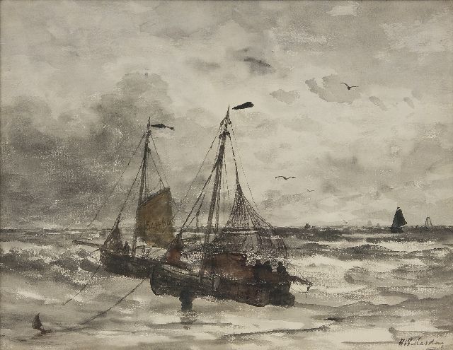 Mesdag H.W.  | Scheveningse vissersschuiten voor anker in de branding, aquarel op papier 45,0 x 57,7 cm, gesigneerd r.o.