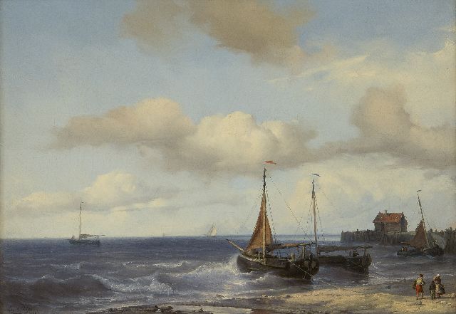 Meijer J.H.L.  | Vissersboten voor anker in de branding, olieverf op doek 32,4 x 46,0 cm, gesigneerd l.o. en gedateerd 1847