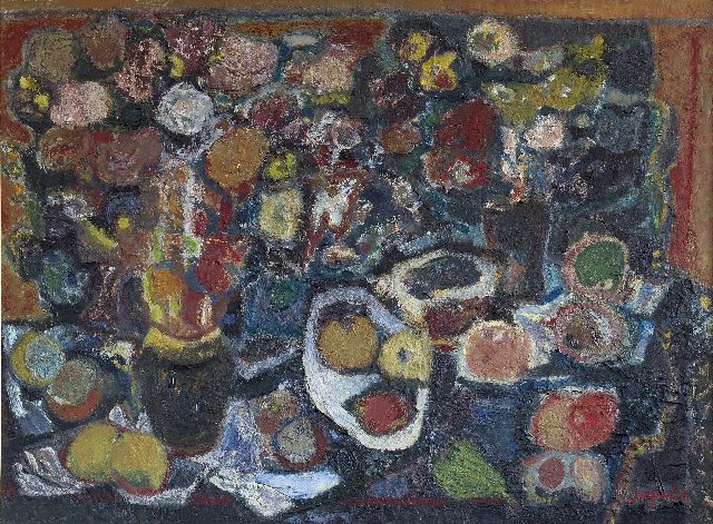 Min J.  | Stilleven met fruit en bloemen, olieverf op doek 75,0 x 100,0 cm, gesigneerd r.o.