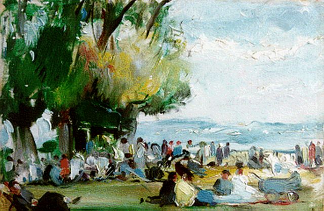Margoteau R.P.  | Mensen in het park bij een meer, olieverf op doek op paneel 16,0 x 22,0 cm, gesigneerd r.o.