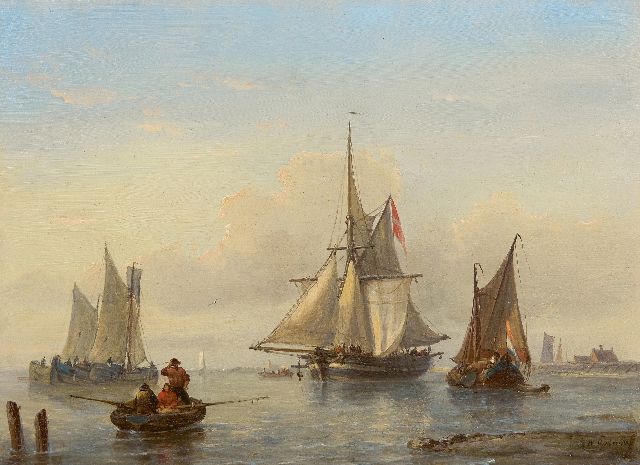 George Willem Opdenhoff | Zeilschepen op een windstille dag voor de kust, olieverf op paneel, 20,8 x 28,4 cm, gesigneerd r.o.
