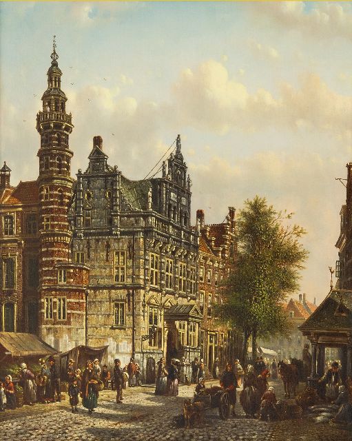 Spohler J.F.  | Het Oude Stadhuis van Den Haag aan de Groenmarkt, olieverf op paneel 40,0 x 32,9 cm, gesigneerd r.o.