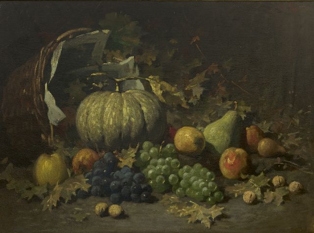 Kriens O.G.A.  | Vruchten in een mand op de bosgrond, olieverf op doek 54,4 x 73,0 cm, gesigneerd r.b.