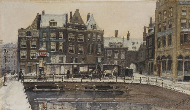Tinus de Jongh | Winters gezicht op het Rokin met het Beurspoortje, Amsterdam, aquarel op papier, 34,6 x 61,0 cm, gesigneerd r.o. en te dateren ca. 1910