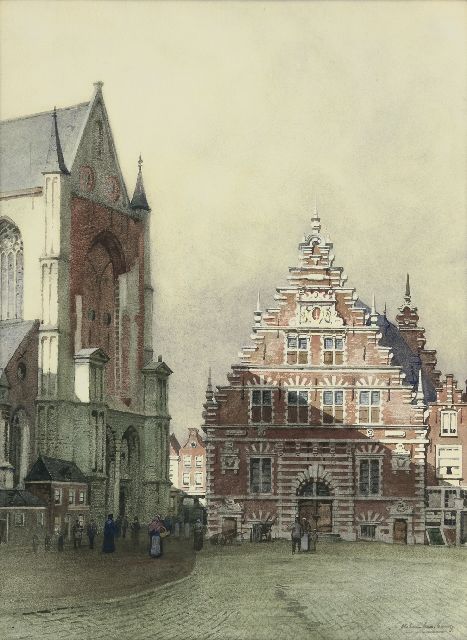 Klinkenberg J.C.K.  | De Grote Markt met de Vleeshal in Haarlem, aquarel op papier 46,0 x 34,0 cm, gesigneerd r.o.