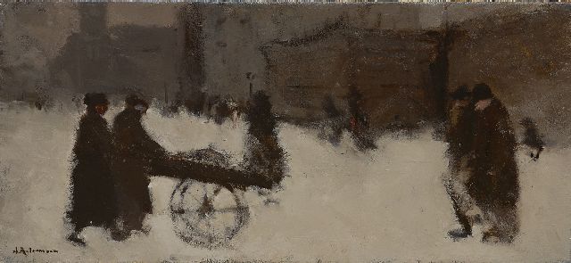 Jan Rijlaarsdam | Handkar en figuren in de sneeuw, olieverf op doek, 30,4 x 60,8 cm, gesigneerd l.o.