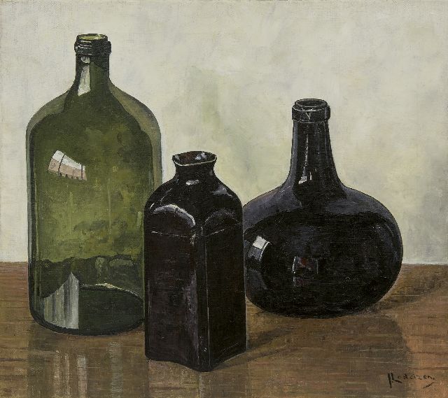 Jo Lodeizen | Stilleven met flessen, olieverf op doek, 45,3 x 50,7 cm, gesigneerd r.o.