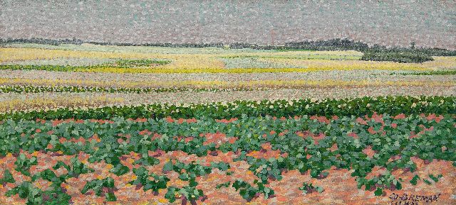 Breman A.J.  | Zomerlandschap met aardappel- en boekweitvelden in Laren, olieverf op doek 18,7 x 40,5 cm, gesigneerd r.o. en gedateerd 'L 1 7 1903'