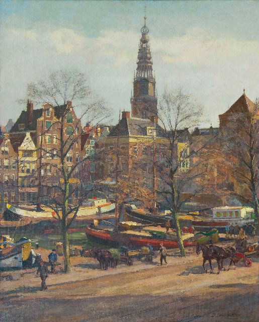 Haaren D.J. van | Stadsgezicht van Amsterdam met de Oudekerkstoren, olieverf op doek 58,1 x 47,0 cm, gesigneerd r.o.