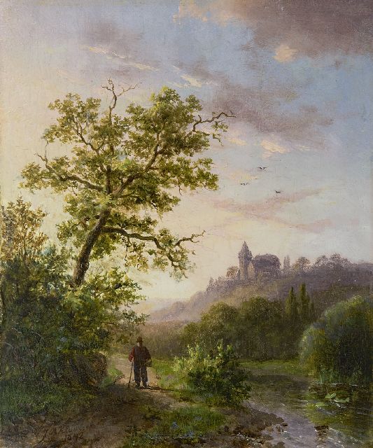 Johann Bernard Klombeck | Zomers Kleefs rivierlandschap  (alleen te koop met winters pendant), olieverf op paneel, 16,3 x 13,5 cm, gesigneerd l.o. en gedateerd 1842