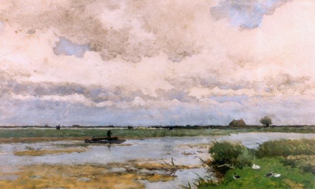 Weissenbruch H.J.  | Polderlandschap met roeiboot, aquarel op papier 30,0 x 60,0 cm